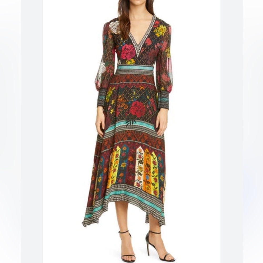 Alice and Olivia Janey Mixed Pattern Handkerchief Hem Dress In Mona Multi